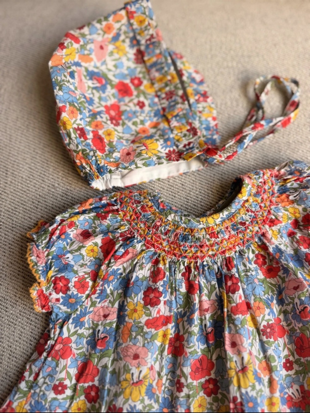 Smocked Floral Cotton Dress Set - Pink, Red & Blue - Picture 2 of 3